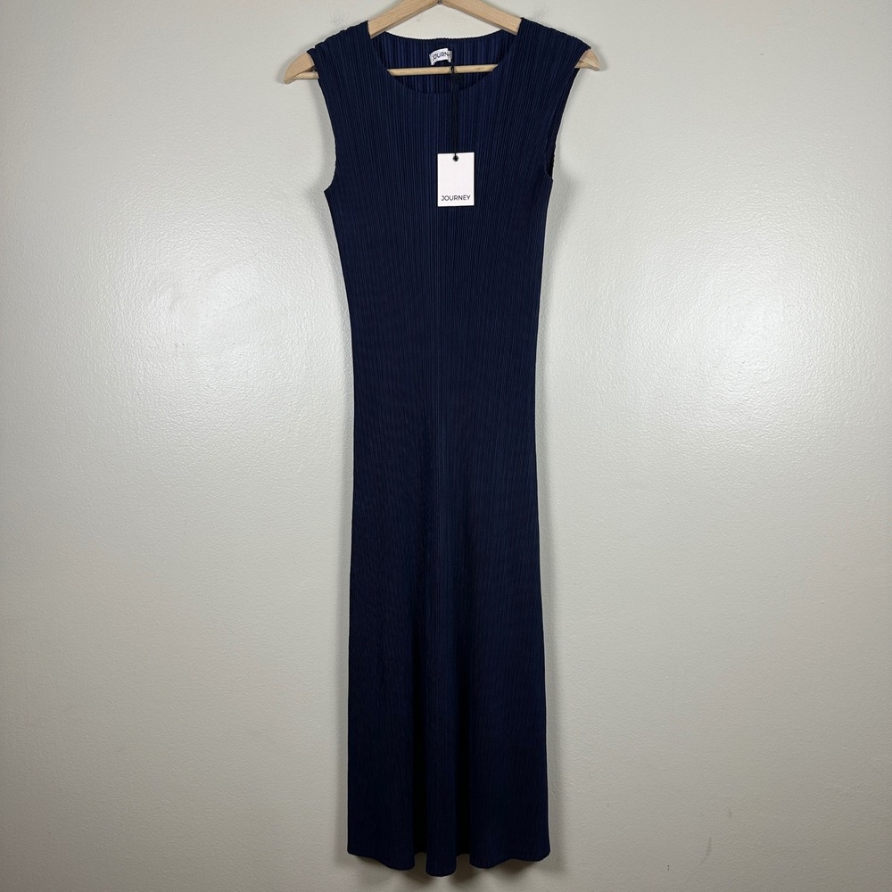 Journey Women's OS‎ Maxi Dress Navy Blue Plisse Pleated Sleeveless Navy NEW